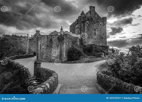 Black And White Effect Of Eilean Donan Castle From The Bridge Scotland