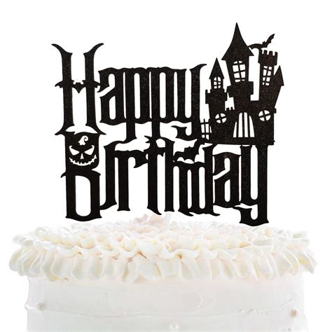 Cartoon Happy Birthday Cake Topper Spooky Haunted House Black Glitter