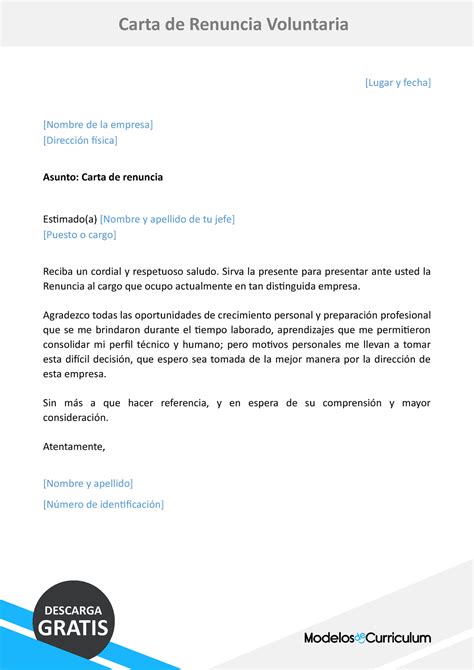 Modelo De Carta De Renuncia Voluntaria Ejemplo Para Carta De Renuncia Lugar Y Fecha Nombre