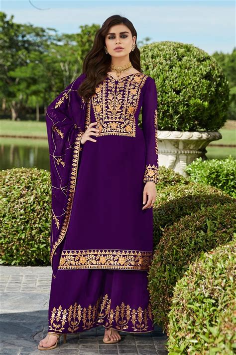 Dark Purple Embroidered Palazzo Suit Salwar Kameez Designer Collection