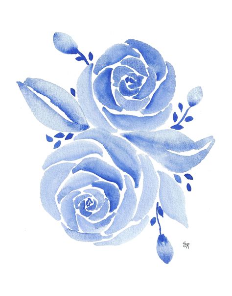 Blue Roses Botanical Watercolor Illustration Floral Watercolor