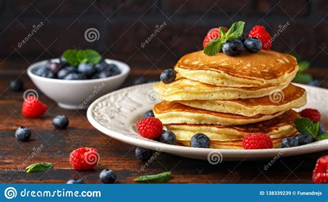 Homemade American Blueberry Raspberries Pancakes Healthy