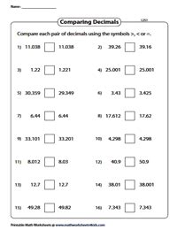 Comparing Decimals Worksheets