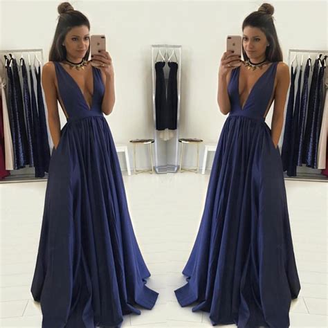 Sexy Navy Blue A Line Deep V Neck Long Prom Gown With V Back