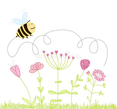 Cartoon Bee Over The Flowers Stock Vector Illustration