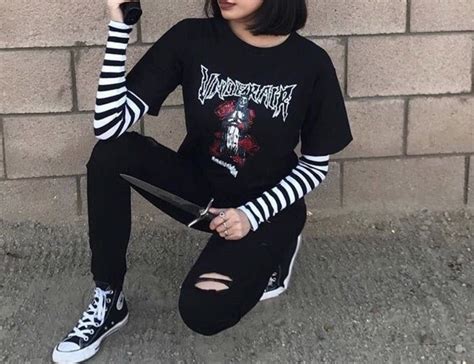 Outfit Aesthetic Stripedshirt Grunge Emo Goth Grungefashion