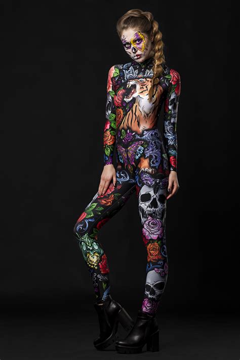 Tattoo Style Halloween Full Body Jumpsuit Catsuit Costume For Women