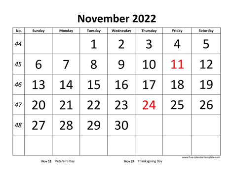 November 2022 Calendar Designed With Large Font Horizontal Free
