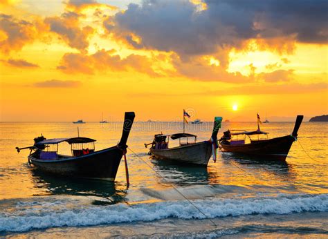 Thai Boats On Phra Nang Beach Thailand Stock Image Image Of