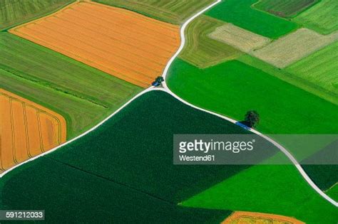 Germany Bavaria View Of Fields And Country Road Aerial View High Res