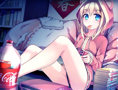 Wallpaper Blonde Anime Girls Shorts Hoods Cartoon Drink