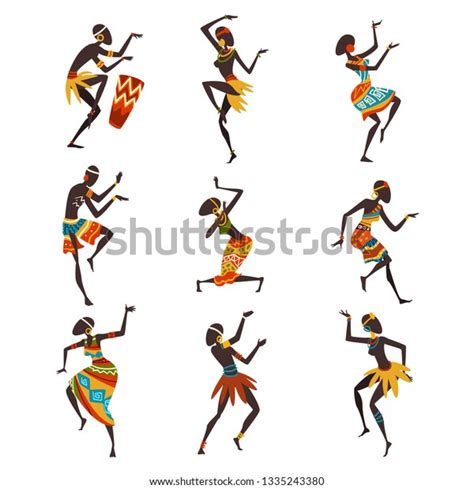 「民族や儀式的な踊りを踊るアフリカの人々、明るい伝統的な民族衣装ベクターイラストを持つ先住民のダンサー」のベクター画像素材（ロイヤリティフリー