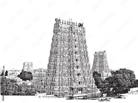 Madurai Meenakshi Amman Temple South India Vector Hand Drawing