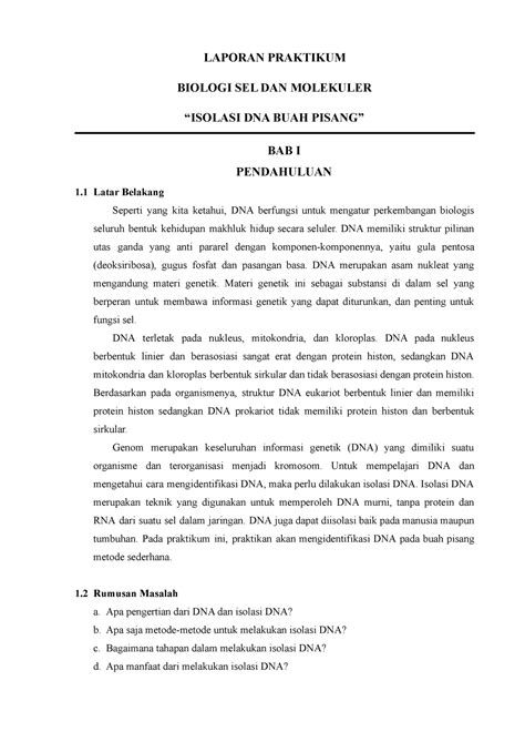 Isolasi Dna Buah Pisang Laporan Praktikum Biologi Sel Dan Molekuler “isolasi Dna Buah Pisang