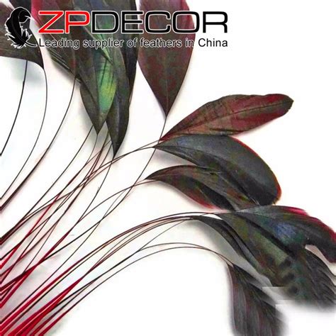 Zpdecor Factory 100pcslot 10 12inch25 30cm Dyed Red Bronze Stripped Rooster Tail Feather Diy