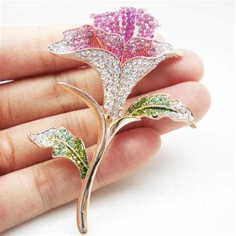 Fashion Jewelry Luxury Pink Austrian Crystal Orchid Flower Bride Wedding Brooch Pin Gold Tone