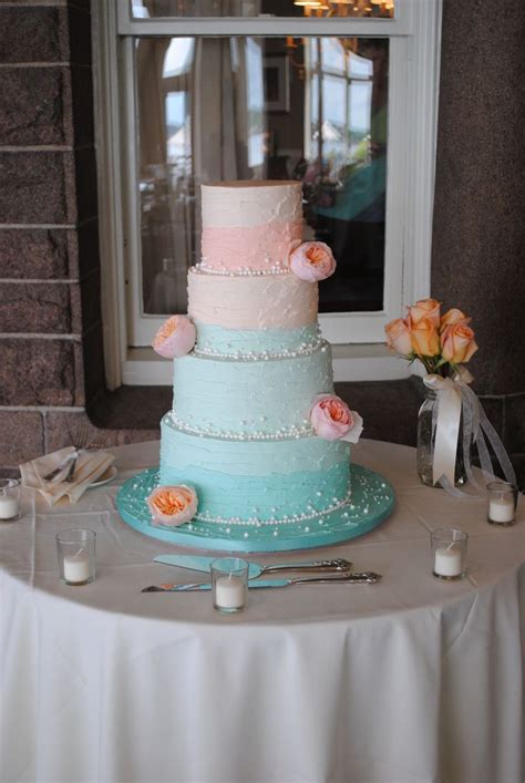 Beach Themed Turquoise And Peach Ombre Wedding Cake With Pearl Accents