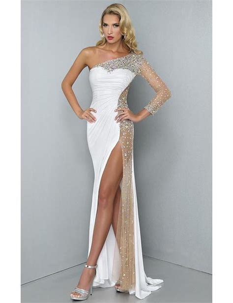 Shiny Crystal High Cut Leg Sexy Long Evening Dress With One Sleeve See