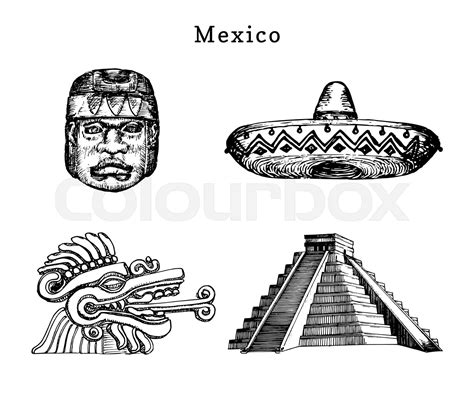 Drawn Set Of Famous Mexican Attractions Vector Illustrations Of Olmec