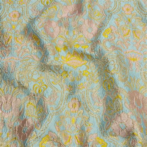 Baby Blue Light Pink And Yellow Floral Damask Metallic Luxury Brocade