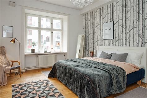 Touch device users, explore by touch or with swipe gestures. Bedroom design in Scandinavian style