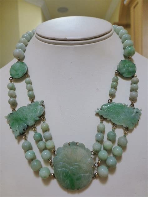 An Exceptional Antique Chinese Hand Strung Natural A Hand Carved Green Jadeite Jade Necklace