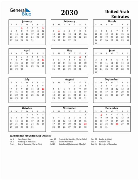 Free Printable 2030 United Arab Emirates Holiday Calendar