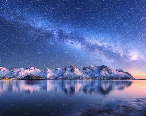 Milky Way Over Snow Covered Mountain Featuring Milky Way Space And