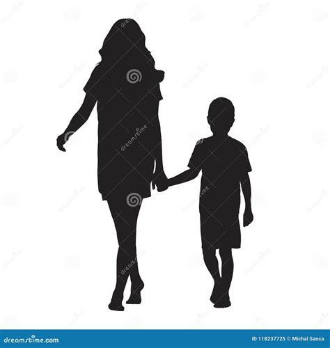 mother holding her son by hand and going forward isolated vector silhouette