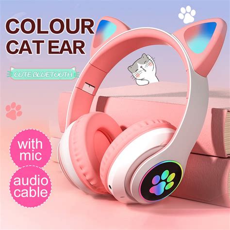 Cute Cat Ear Bluetooth 50 Headphone Pink Stereo Headphones Wireless