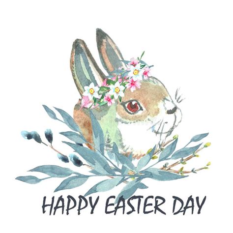 Cute Watercolor Easter Bunny Portrait With Floral Wreath Stock