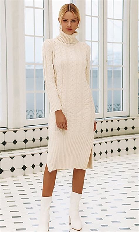 Warming Things Up Long Sleeve Cable Knit Ribbed Turtleneck Casual Midi Sweater Dress 7 Colors