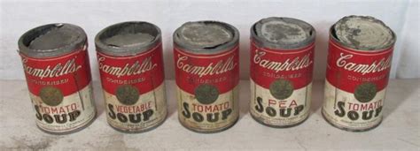 Lot Five Rare 1910s Campbells Paper Label Tin Soup Cans Tomato