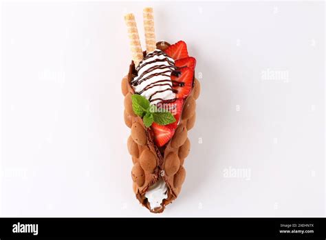 Hong Kong Or Bubble Waffle With Ice Cream Chocolate Marshmallows And