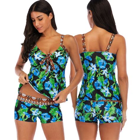 2019 Two Piece Swimwear Women Plus Size Tankini Swimsuits With Shorts V Neck Tankinis Set Swim