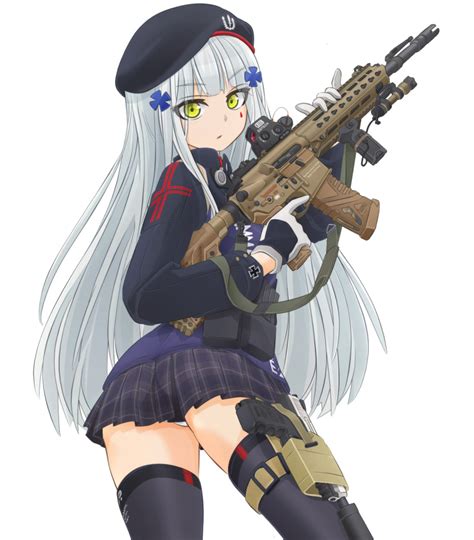 Safebooru 1girl Ammunition Belt Assault Rifle Bangs Beret Black Hat