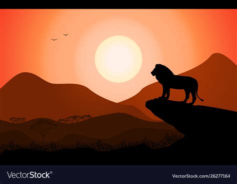 Lion King Standing On A Rock Against A Sunset Vector Image