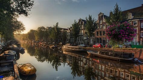 1920x1080 Amsterdam Netherlands River City Boat Trees Reflection Water
