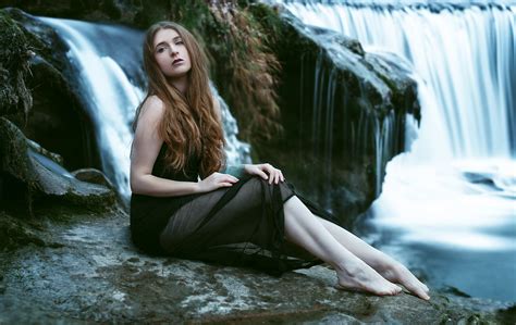 Wallpaper Waterfall Barefoot Women Outdoors Sitting Andy Gl Sel Model X