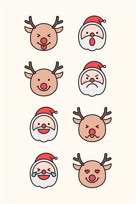 Santa Claus And Reindeer Faces With Different Facial Expressions On