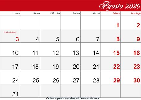 Calendario Agosto 2020 Con Festivos Imprimible