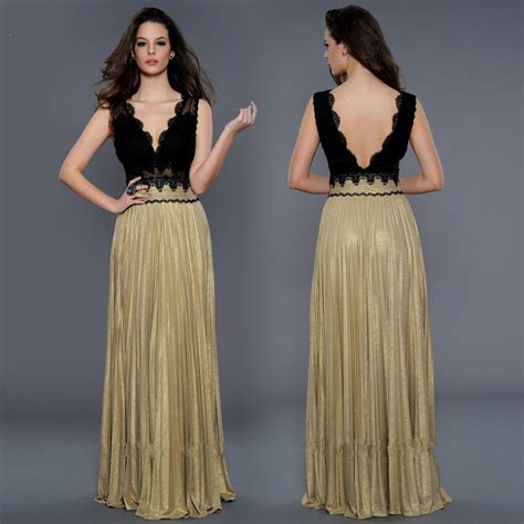 New Design Black And Gold Lace V Neck Backless Long Prom Dresses 2015 A Line Chiffon Formal