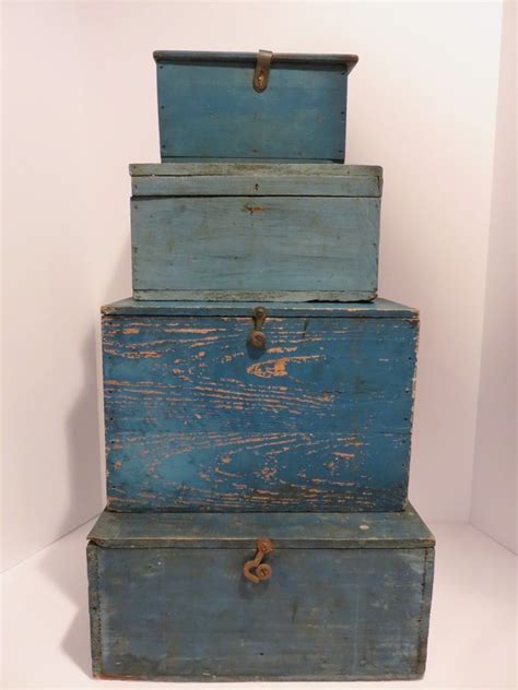 Primitive Antique Box For Stacking Great Old Blue Paint