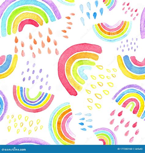 Watercolor Hand Painted Rainbows Raindrops Seamless Pattern Stock