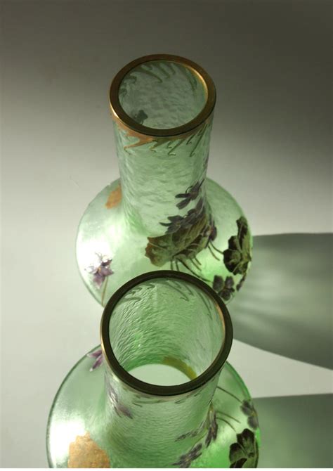 French Art Nouveau Legras Pair Of Acid Cut Back Violets Glass Vases