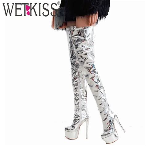 Wetkiss Mirror Pu Over The Knee Women Boots Super High Heels Platform Boot Round Toe Female