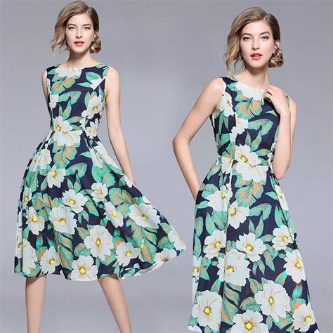 2018 Summer Women Print Floral Casual Knee Length Dress Fashion