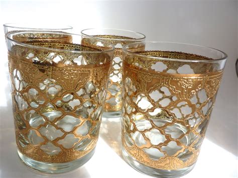 4 gold rocks glasses antique glassware pyrex vintage mid century glass