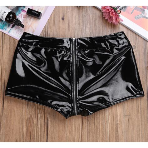 Women Latex Leather Rave Booty Shorts Zip Up Hot Pants Boxer Briefs