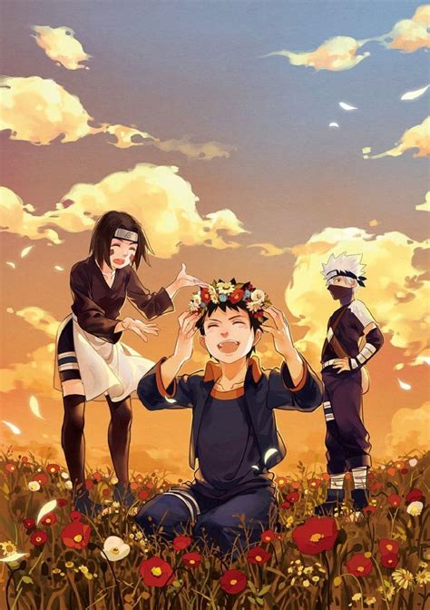 Artwork Nohara Rin Hatake Kakashi Uchiha Obito Flowers Anime Naruto